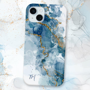 Coque iPhone 15 Mini Parties scintillant Abstraite bleue/or Monogramme