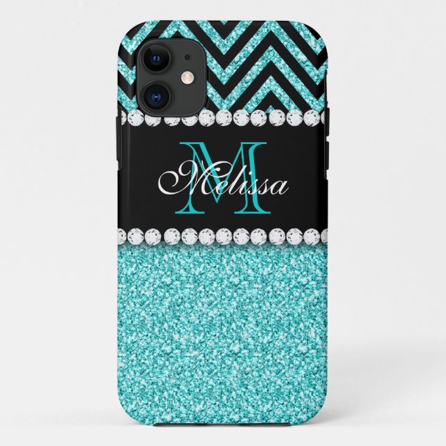 Coques Case-Mate iPhone Parties scintillant AQUA CHEVRON NOIR MONOGRAM (Dos)