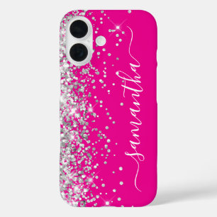 Coque Pour iPhone 16 Parties scintillant argent Hot rose Girl Signature