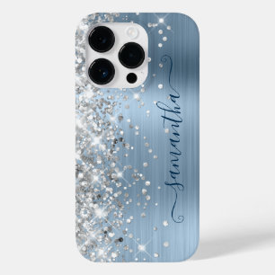 Coque Pour iPhone 14 Pro Parties scintillant Argent Lumière Bleu Glam Girl