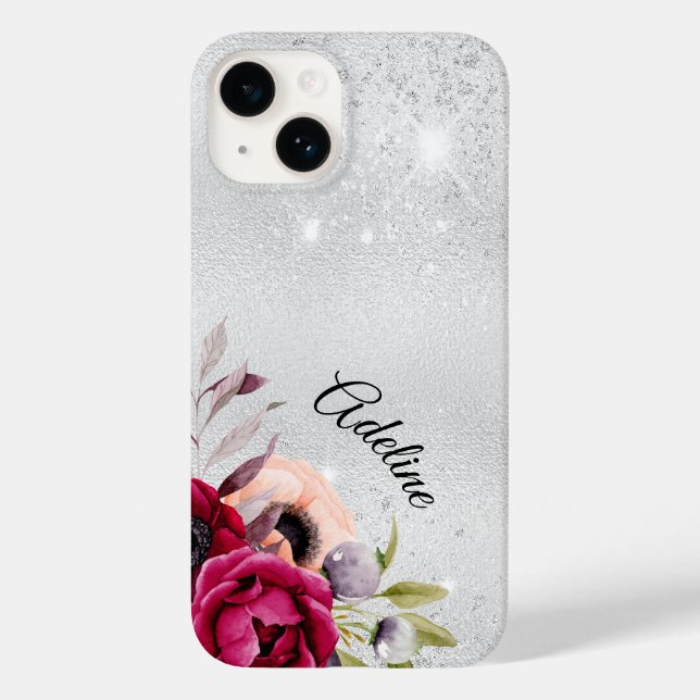 Coques Case-Mate iPhone Parties scintillant argentée fleurs nom bordeaux (Verso)