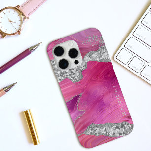 Coque iPhone 15 Pro Max Parties scintillant argentée Magenta Pink Agate Gé