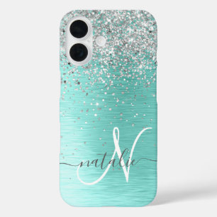 Coque Pour iPhone 16 Parties scintillant argentée turquoise en métal br