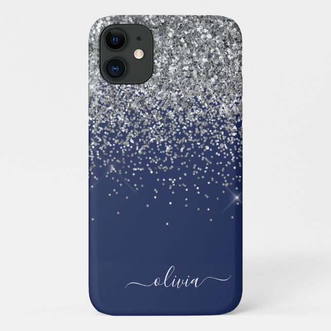 Coques Case-Mate iPhone Parties scintillant bleue Silver Navy Girl Monogra (Dos)