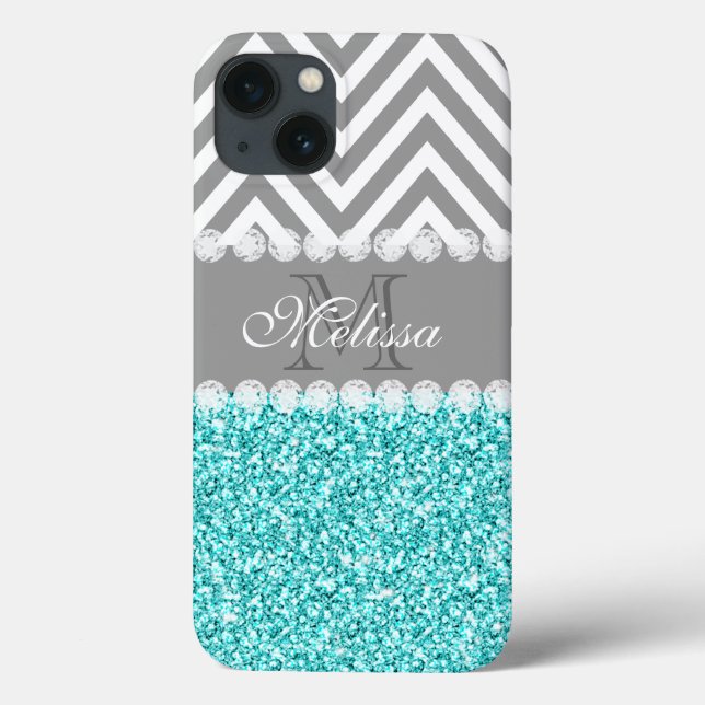 Coques Case-Mate iPhone Parties scintillant D'AQUA, CHEVRON GRIS, MONOGRAM (Verso)