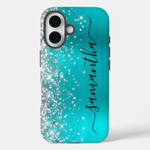 Coque Pour iPhone 16 Parties scintillant d'argent Aqua Blue Metallic Gi