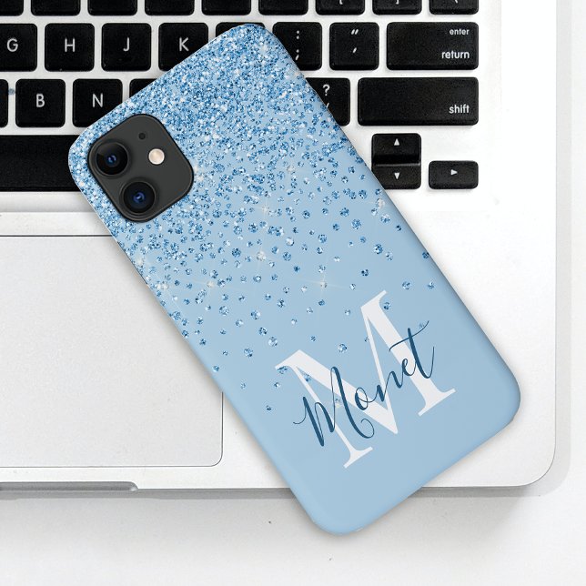 Coques Case-Mate iPhone Parties scintillant de Glam Monogramme bleu clair  (Créateur téléchargé)