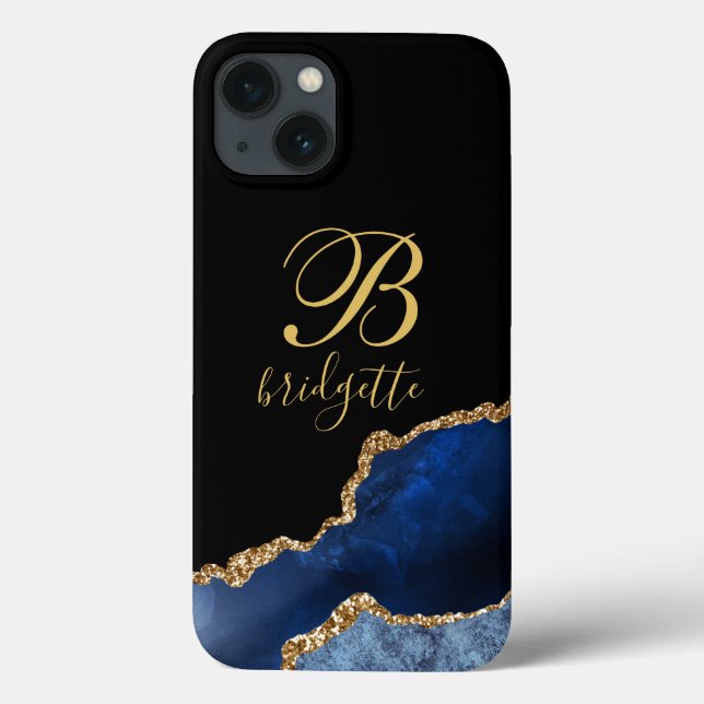 Coques Case-Mate iPhone Parties scintillant d'or bleu marine Agate Monogra (Verso)