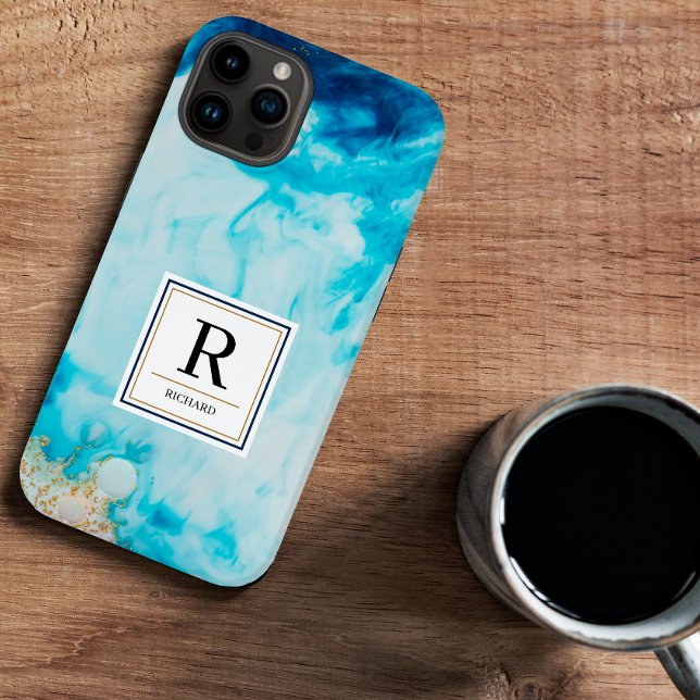 Coques Case-Mate iPhone Parties scintillant d'or d'aquarelle bleue Abstrai (Créateur téléchargé)