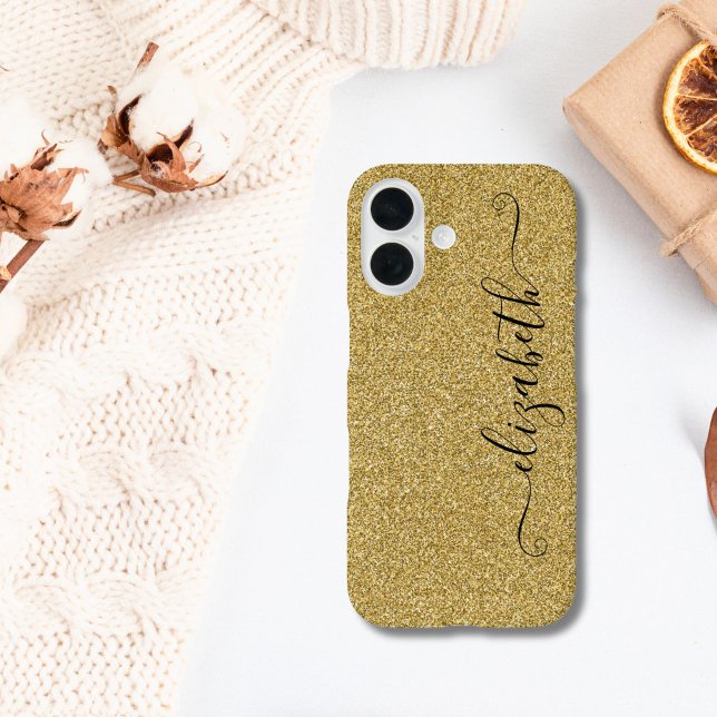 Coques Case-Mate iPhone Parties scintillant d'or de script élégant personn (Gold Glitter iPhone 16 15 14 13 12 case. Monogram it with your name. Script Calligraphy monogram)
