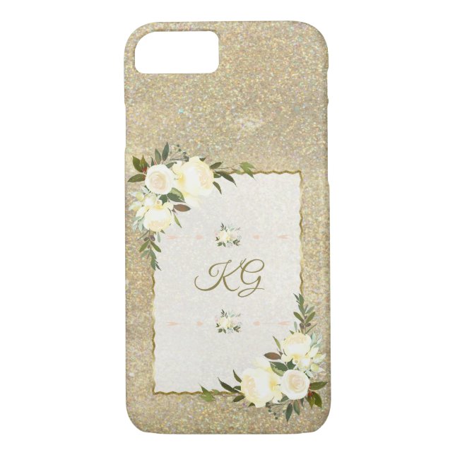 Coques Case-Mate iPhone Parties scintillant d'or Monogramme floral blanc (Dos)