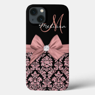 iPhone 13 Coque parties scintillant d'or rose noir Damas, Bow, Dia