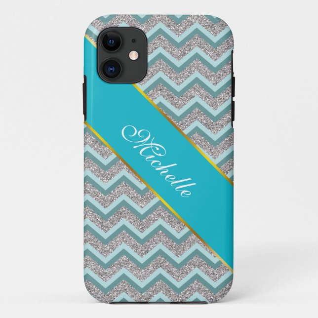 Coques Case-Mate iPhone Parties scintillant en argent et ZigZag Turquoise (Dos)
