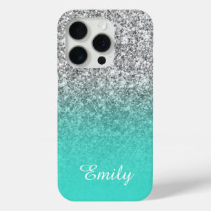 Coque iPhone 15 Pro Parties scintillant en argent Turquoise Ombre pers