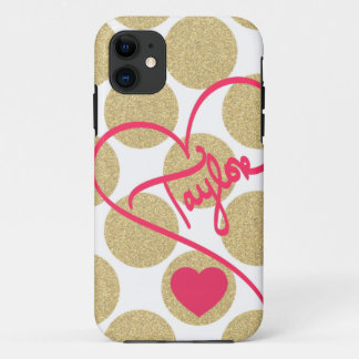 Coque iPhone 11 Parties scintillant en gras Dots en or Nom de coeu