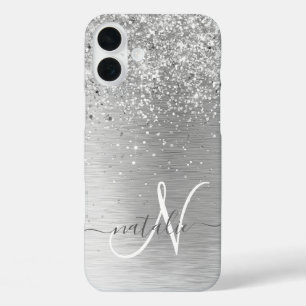 Coques iPhone 16 Plus Parties scintillant en métal brossé argenté Nom du
