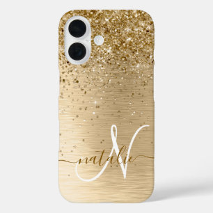 Coque Pour iPhone 16 Parties scintillant en métal brossé or Nom du mono