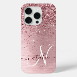 Coque iPhone 15 Pro Parties scintillant en métal brossé rose pâle Nom 