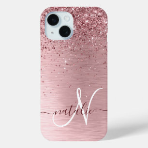 Coque Pour iPhone 15 Parties scintillant en métal brossé rose pâle Nom 