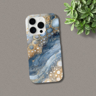 Coques iPhone 16 Pro Parties scintillant en or en marbre bleu personnal