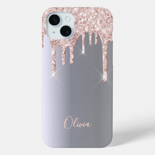 Coque iPhone 15 Mini Parties scintillant en or rose argent goutte nom