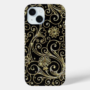 Coque Pour iPhone 15 Parties scintillant Florale Noire Et Or & Étincell