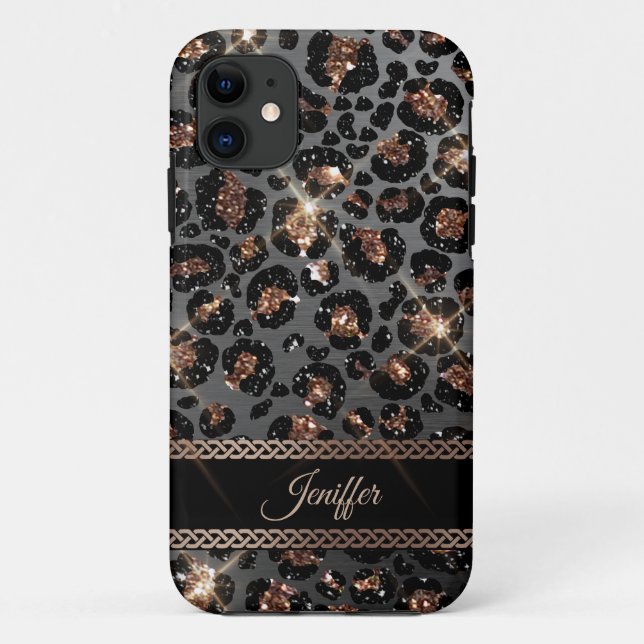 Coques Case-Mate iPhone Parties scintillant Leopard Black Gold personnalis (Dos)