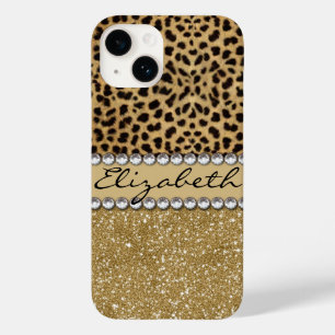 Coque Pour iPhone 14 Parties scintillant Leopard Spot Gold Rhinestone