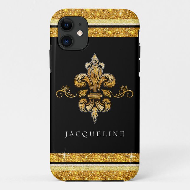 Coques Case-Mate iPhone Parties scintillant Look Faux Or Noir Fleur de Lis (Dos)