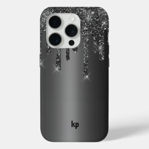 Coque iPhone 15 Pro Parties scintillant moderne noir gris gouttes sur