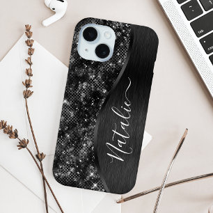 Coque Pour iPhone 15 Parties scintillant noire métallique personnalisée