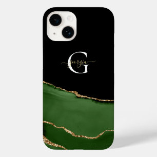 Coque Pour iPhone 14 Parties scintillant or et Agate vert Nom du monogr