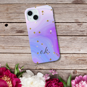 Coque Pour iPhone 15 Parties scintillant or Monogram Blue Purple Rose S