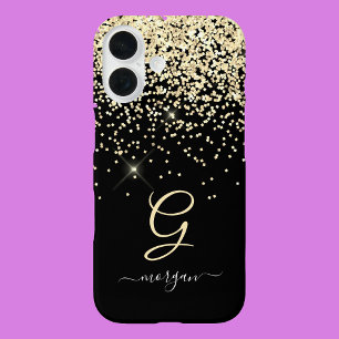 Coque Pour iPhone 16 Parties scintillant or & Monogramme Nom de script 