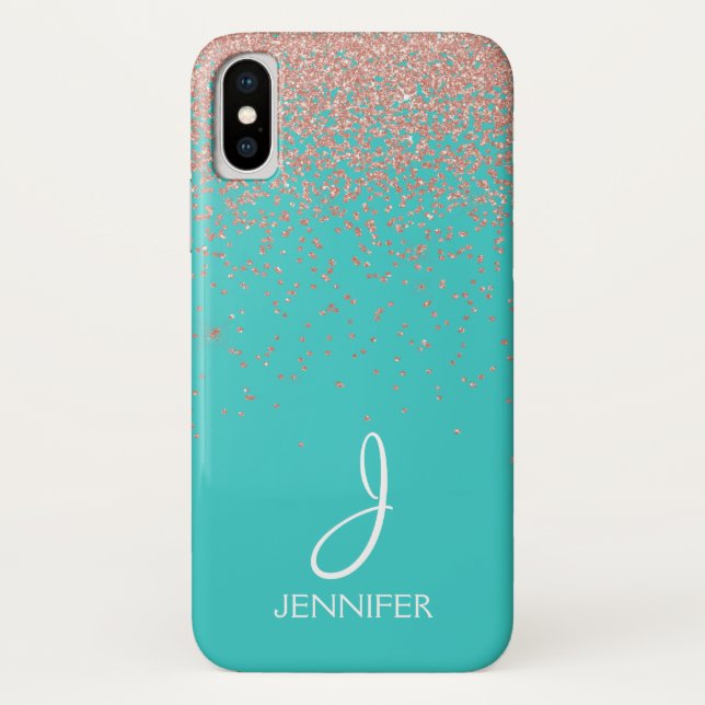 Coques Case-Mate iPhone Parties scintillant or rose et monogramme Turquois (Dos)
