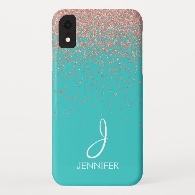 Coques Case-Mate iPhone Parties scintillant or rose et monogramme Turquois (Dos)