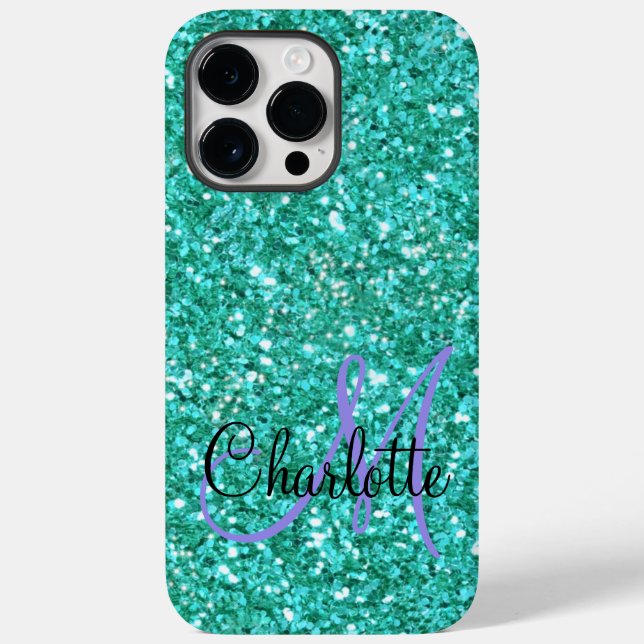 Coques Case-Mate iPhone parties scintillant pétillante turquoise monogramm (Verso)