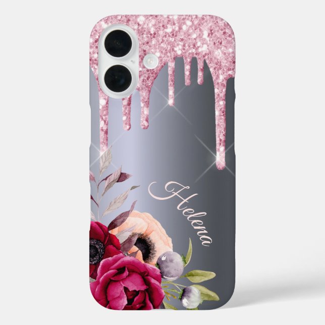 Coques Case-Mate iPhone Parties scintillant rose argent goutte fleurs nom (Verso)