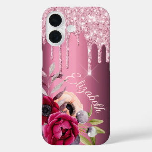 Coque Pour iPhone 16 Parties scintillant rose goutte bordeaux fleurons 