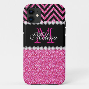 Coques Pour iPhone Parties scintillant rose noir Chevron Monogramme