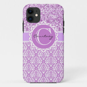 Coques Pour iPhone Parties scintillant violette et Damas avec nom et 