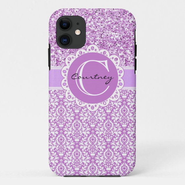Coques Case-Mate iPhone Parties scintillant violette et Damas avec nom et  (Dos)