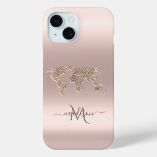 Coque Pour iPhone 15 Parties scintillant World Map Voyage Rose Gold Mon