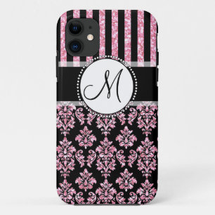 Coque iPhone 11 Parties scintillantes Girly et roses, damassé