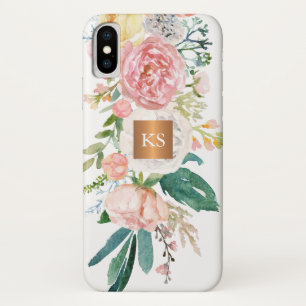 Case-Mate iPhone Case Pastel aquarelle pivoines cuivre métallique monogr