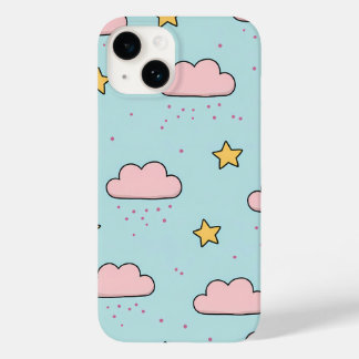 Coque Pour iPhone 14 Pastel Pink Cloud and Yellow Star Pattern