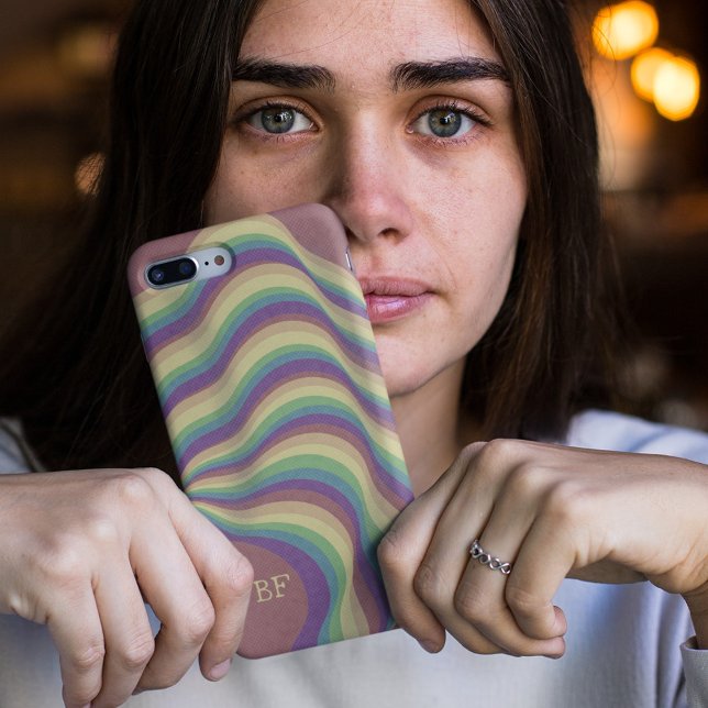 Coques Case-Mate iPhone Pastel Retro Wavy Rainbow Lines Monogrammes Initia (Créateur téléchargé)