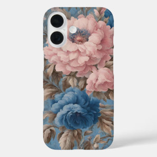 Coque Pour iPhone 16 Pastel Victorien Bleu Et Fleurs Roses