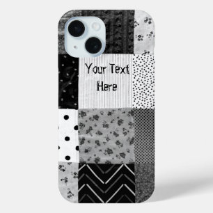 Coque Pour iPhone 15 patchwork en tissu vintage noir et blanc