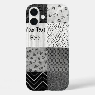 Coques iPhone 16 Plus patchwork en tissu vintage noir et blanc